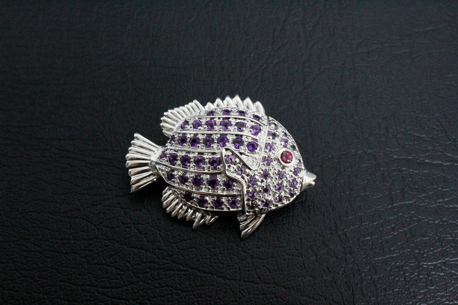 Sterling Silver Fish Brooch with Amethyst and Garnet Gemstones (1 of 4)