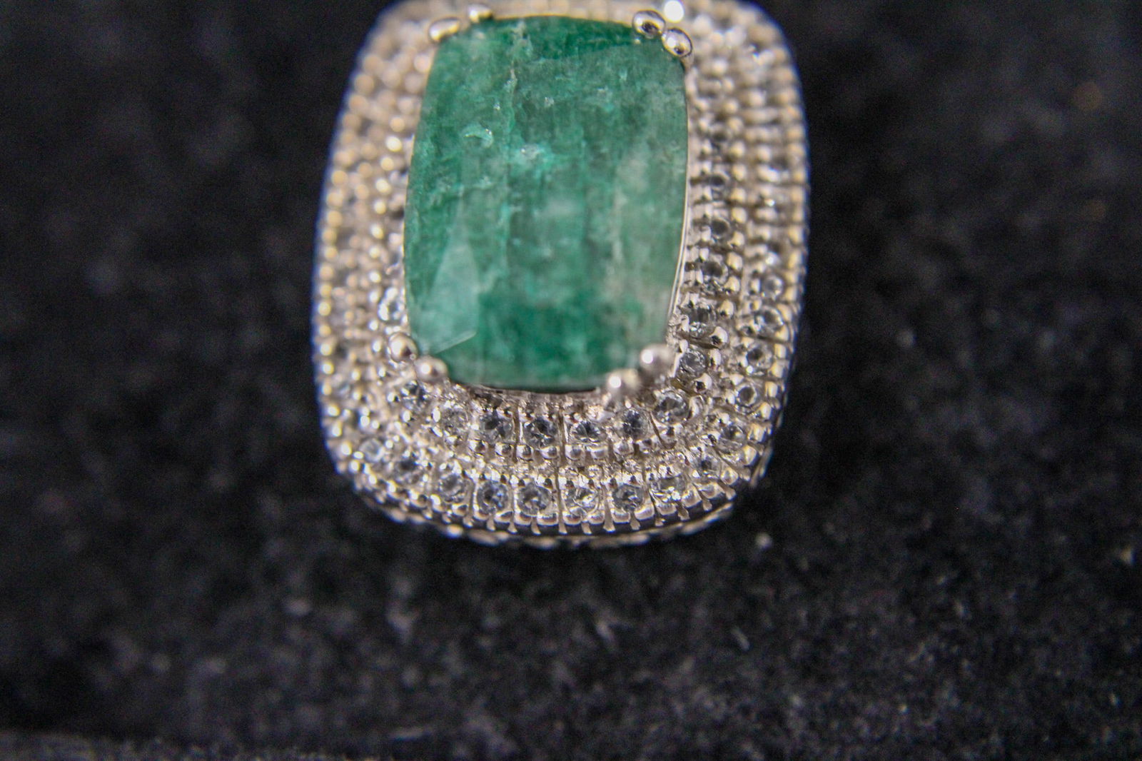 Sterling Silver Necklace with Emerald and Diamond Double Halo Pendant (1 of 4)