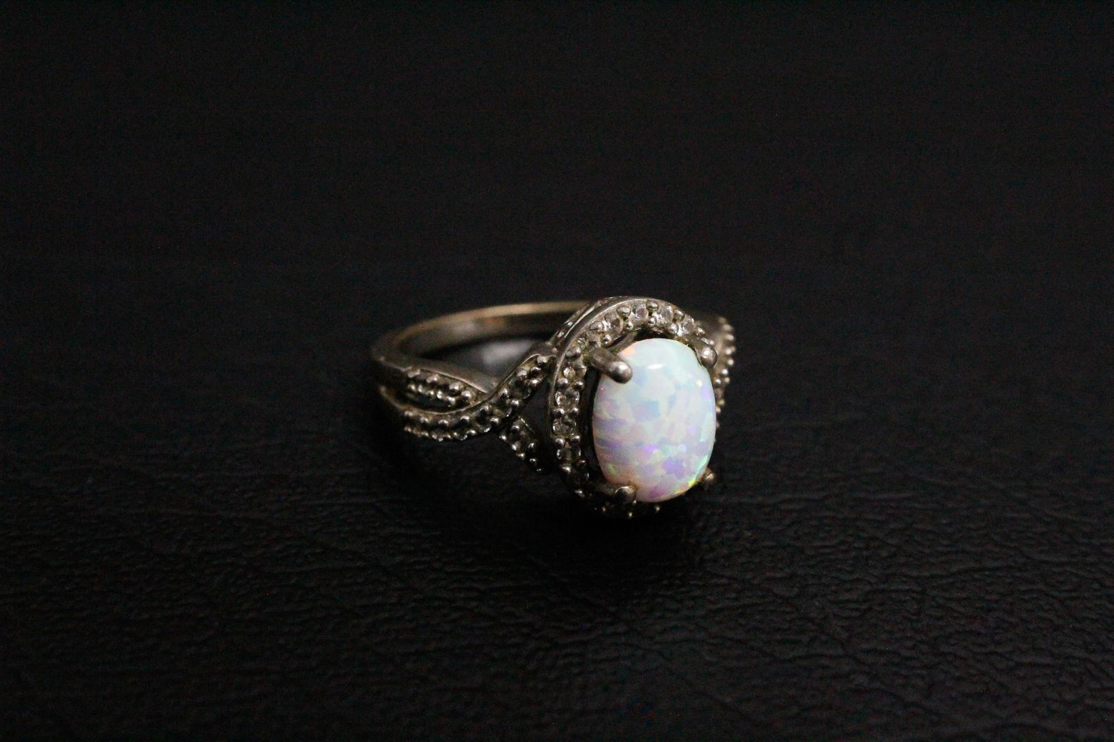 Sterling Silver Ring with Oval Created Opal with a Halo of CZs and Down the Split Shank (1 of 4)