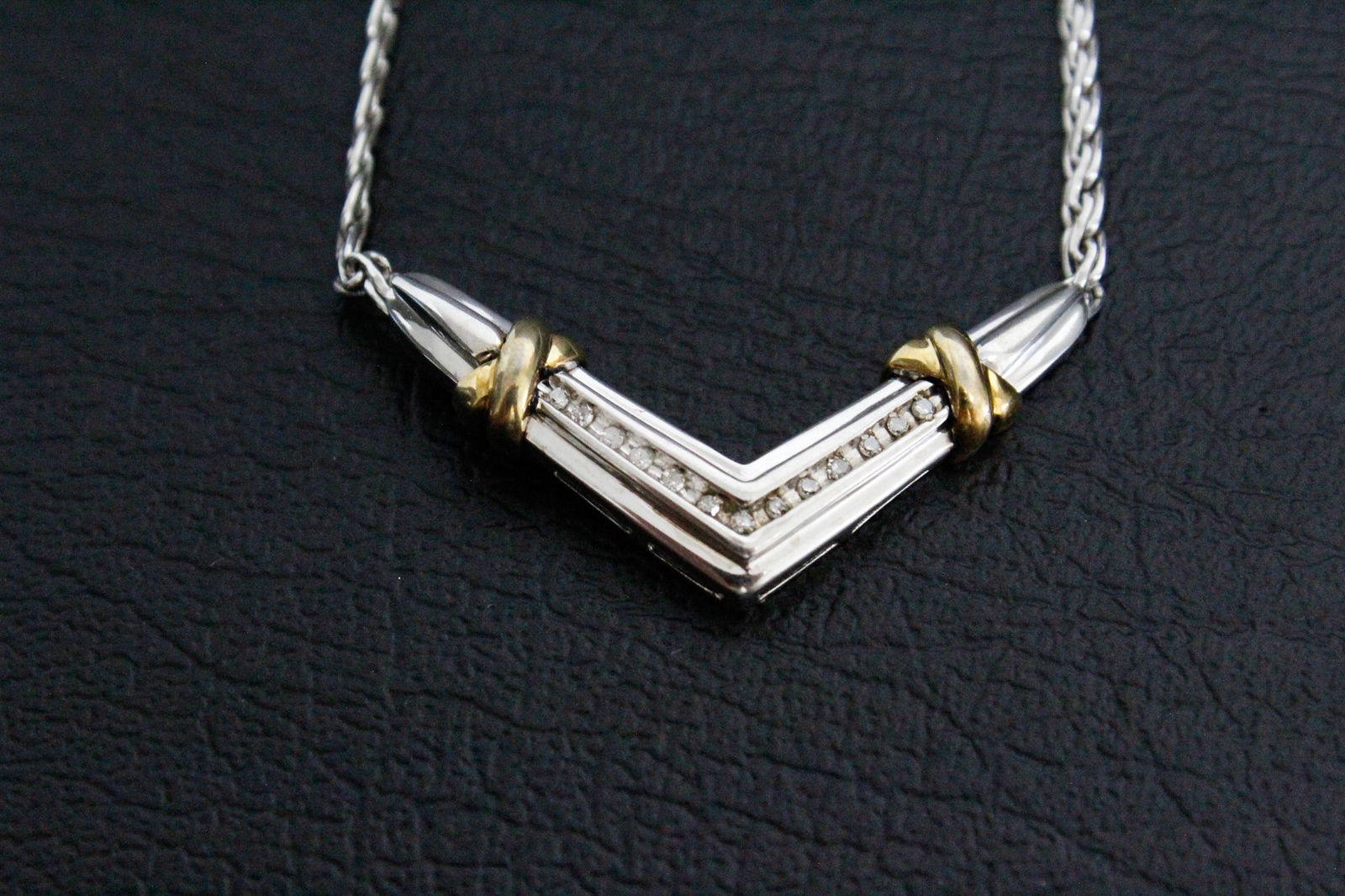 Sterling Silver Woven Necklace with a Stationary "V" Accented with Clear Stones (1 of 4)