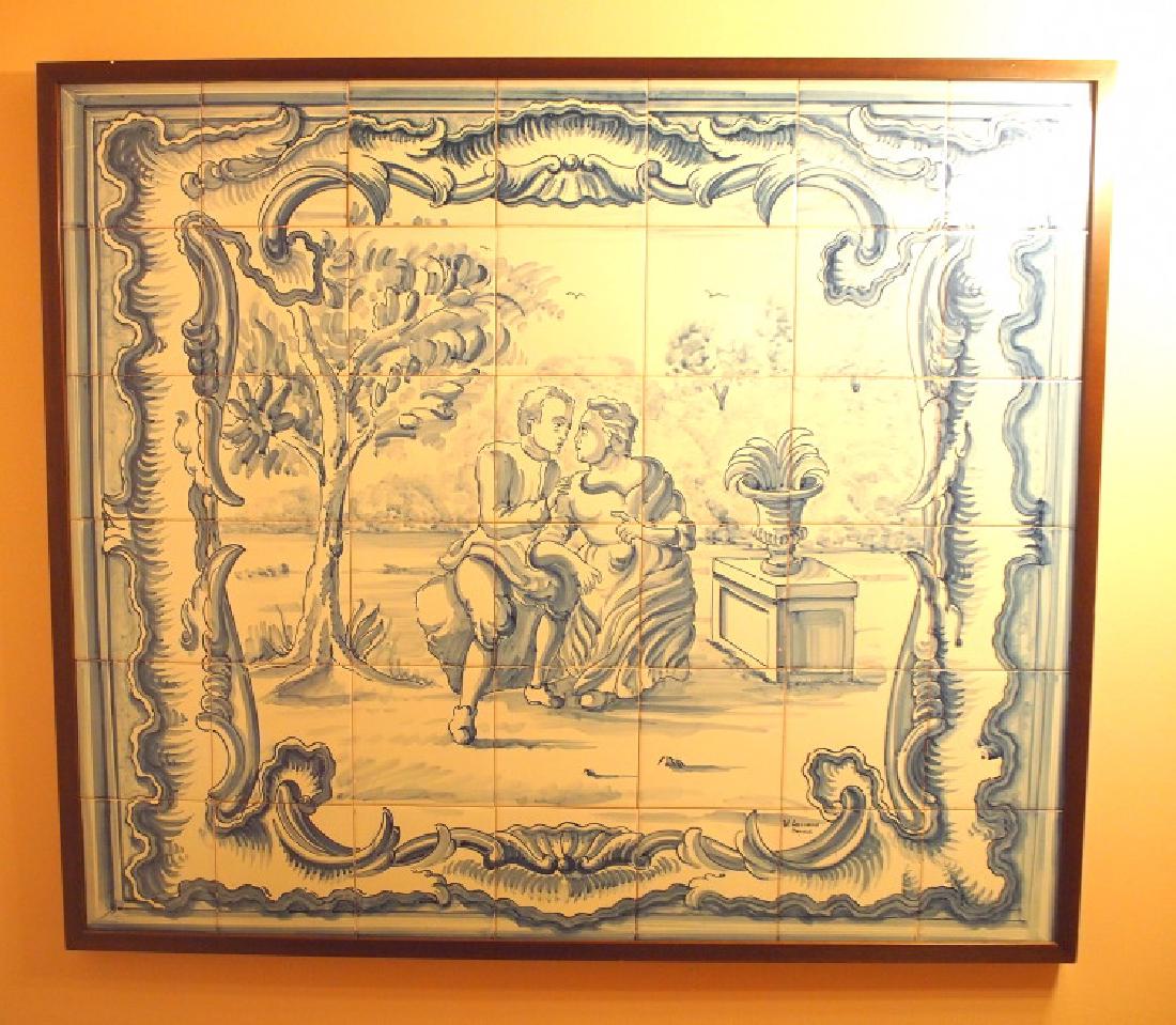 Tile panel: A European tile panel. Comprising 42 pottery tiles painted with a courting couple in garden setting. Signed lower right. Good condition. Within a wood frame, 40 x 34 1/4" high overall. ESTIMATE $200-3