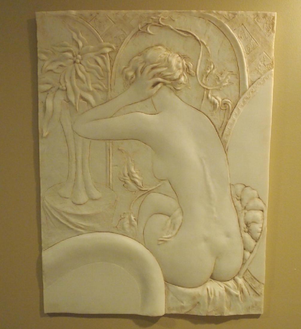 F. Gallo, resin bas relief: Frank Gallo, American, 1933-. A cast resin bas relief depicting a seated nude. Signed "Gallo" lower center. Good condition. 20 x 26 1/2" high. ESTIMATE $100-200