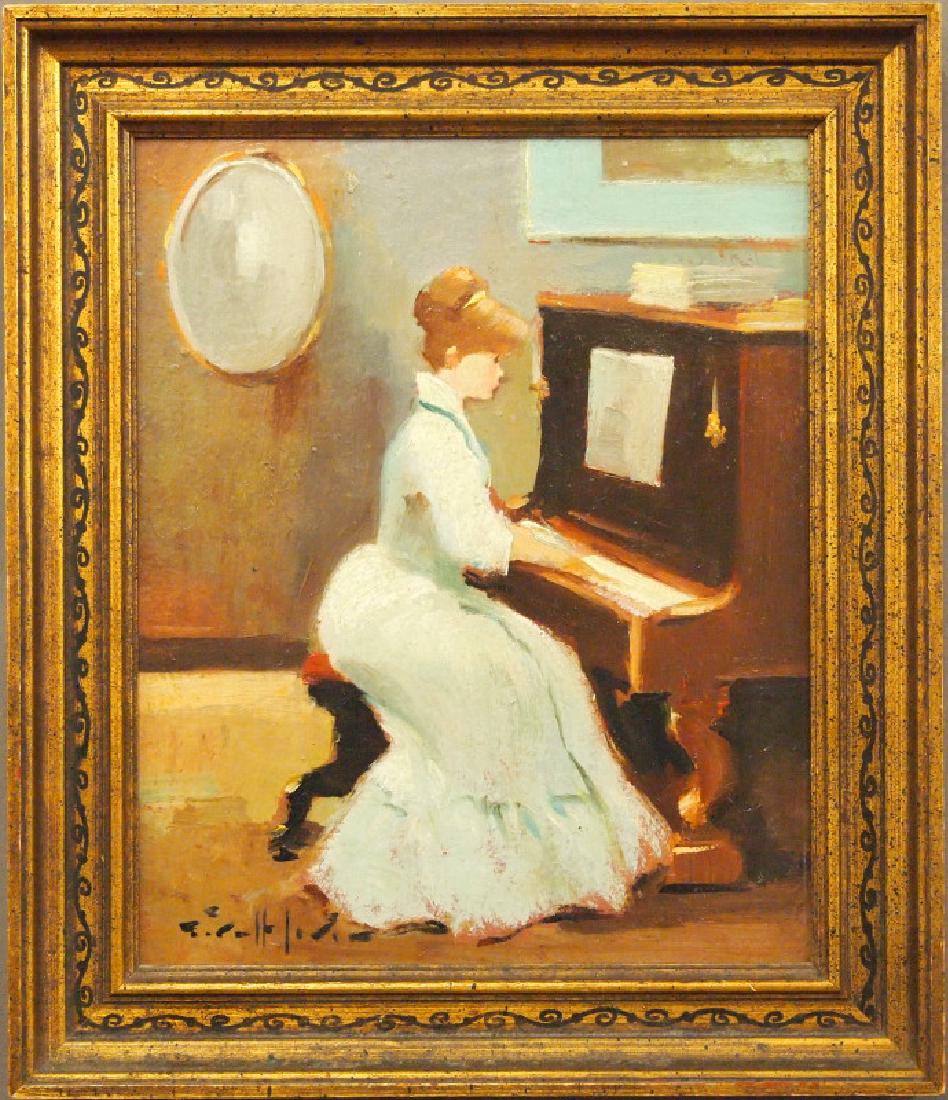 G. Lerin, woman at piano: Juan Giralt Lerin, Spanish, 1907-. Oil on Masonite depicting an Edwardian young woman playing a piano. Signed "Giralt Lerin" lower left, identified on the reverse. Good condition. 8 1/2 x 10 5/8", in 