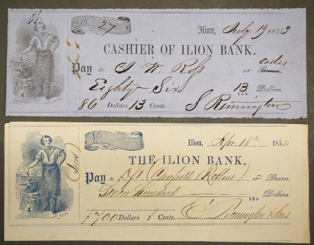 2 Remington DS: Two Samuel Remington (1819-1882) and Eliphalet Remington (1793-1861) Documents Signed. Printed Ilion Bank checks, including 1 written and signed "S. Remington", dated July 19, 1853, and 1 written and 