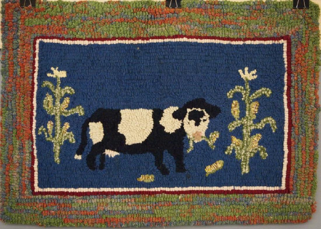 Hooked rug, Cow and Corn: An early 20th century Pictorial hooked rug. Rectangular, a black and white cow at the center flanked by corn stalks, on a medium blue ground, within a multicolor border. Some edge wear. 26 x 18". ESTI