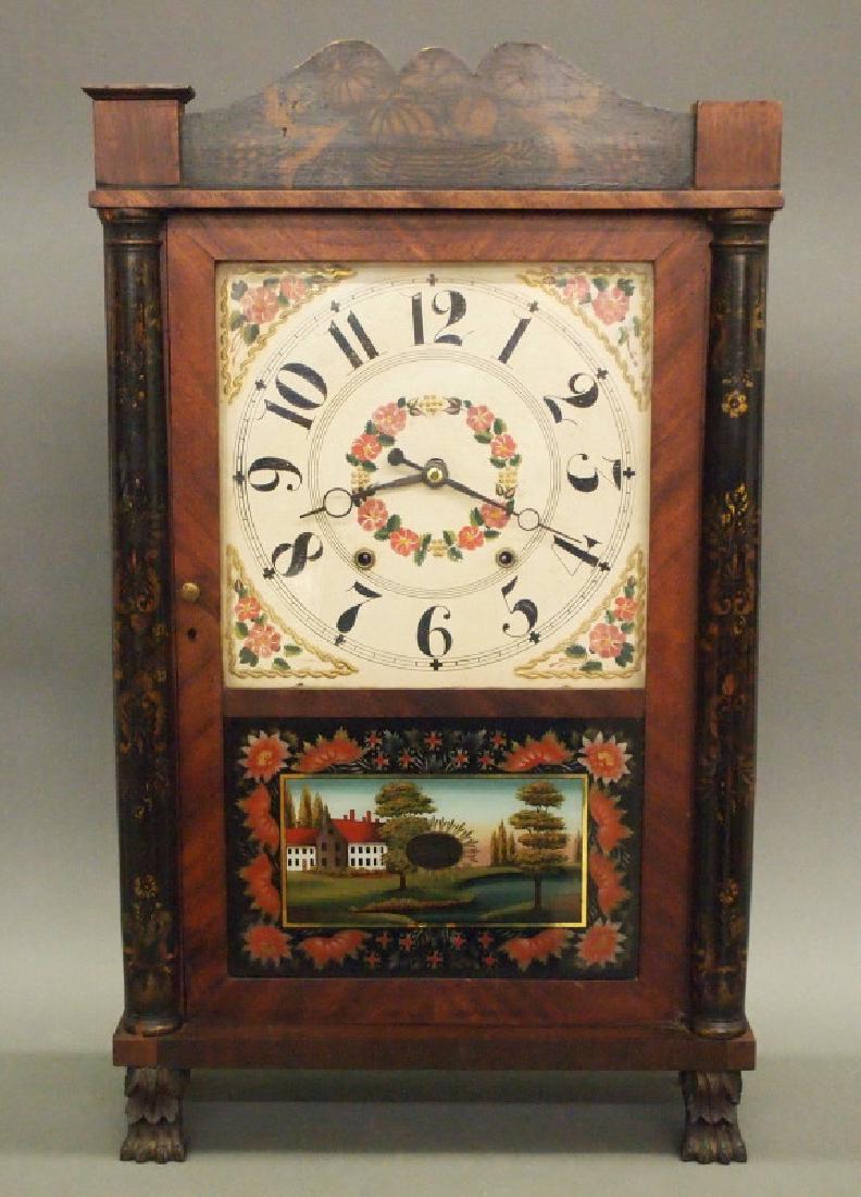 Samuel Terry Federal clock: A circa 1830 Federal shelf clock by Samuel Terry, Bristol, Conn. Thirty-hour time and strike. Mahogany veneer case with stenciled fruit basket splat and floral half-columns flanking the door, painted 