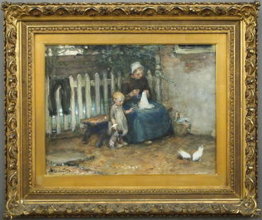 B. Blommers Dutch genre scene: Bernardus Johannes Blommers, Dutch, 1845-1914. Watercolor heightened with gouache depicting a mother and child in an exterior setting, two pecking birds in the foreground. Signed "Blommers" lower left