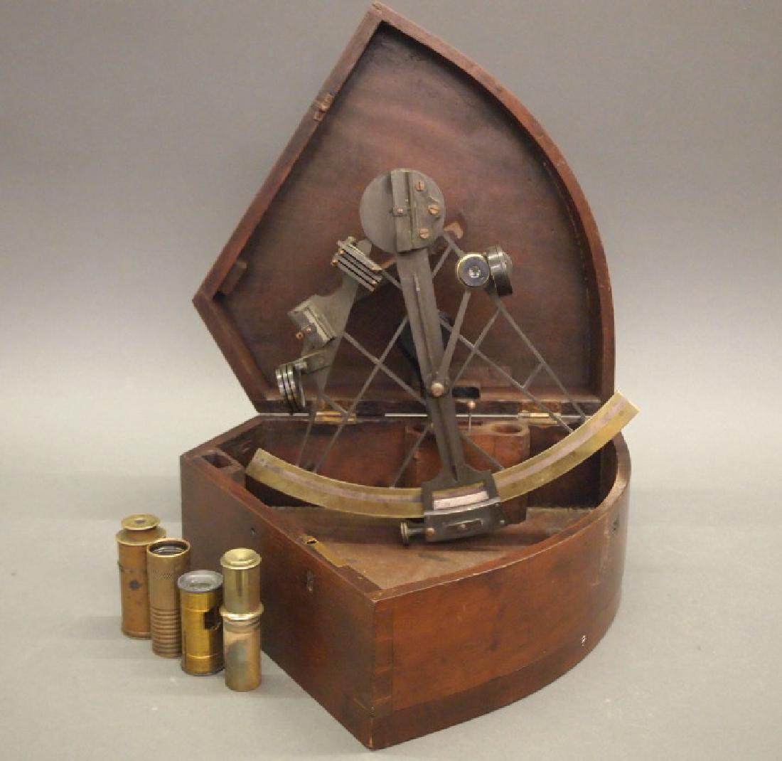 Janet Taylor Marine Sextant: A mid 19th century Marine Sextant by Janet Taylor, London. The scale is inscribed "Mrs. Janet Taylor, 104 Minories, London." Fitted in an unlabeled mahogany case with four additional tubes. Scattered 