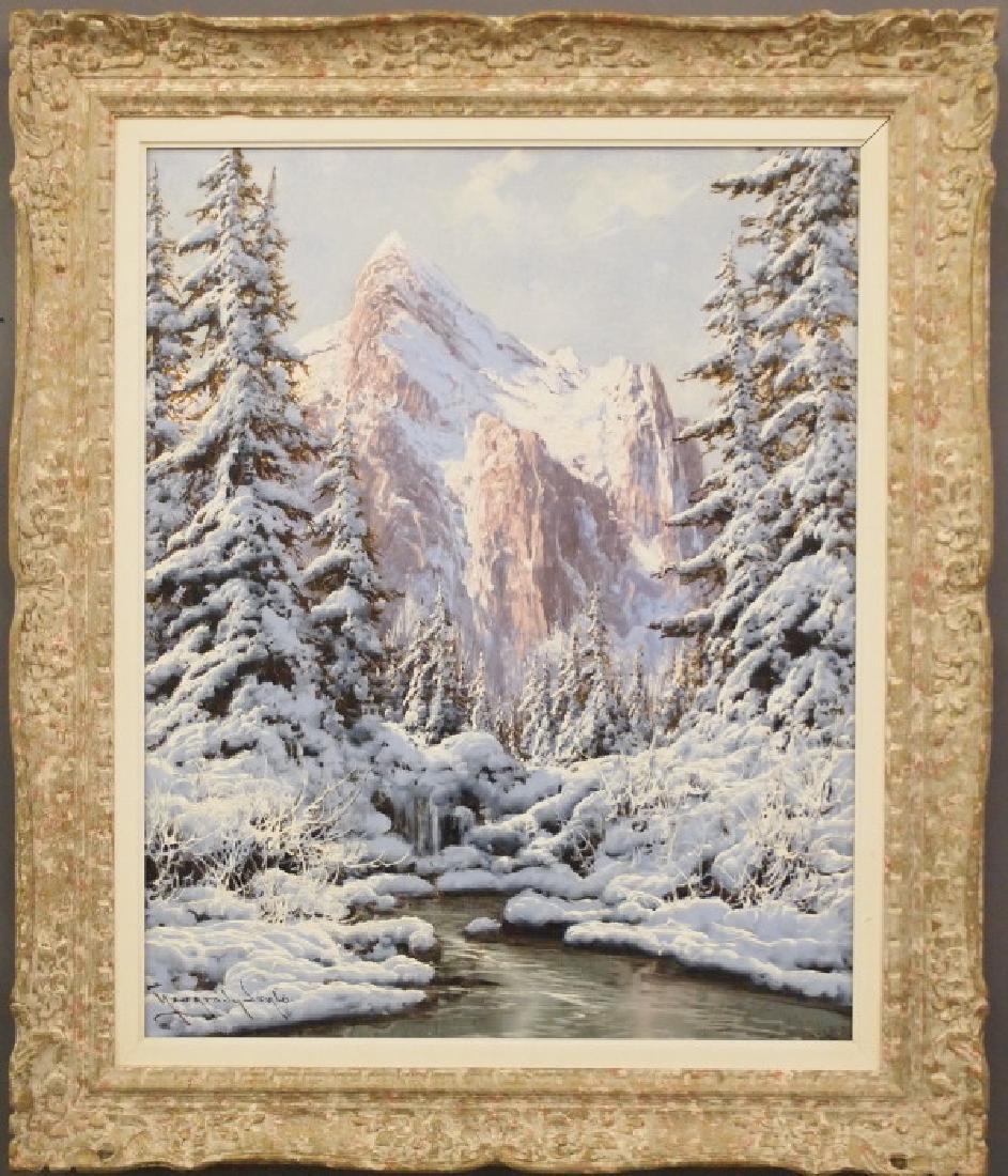 Neogrady Alpine Scene: Laszlo Neogrady, Hungarian, 1896-1962. Oil on canvas depicting a stream flanked by snow-covered trees, Alpine mountain in the distance. Signed "Neogrady Laszlo" lower left. Good condition. Image 24 x