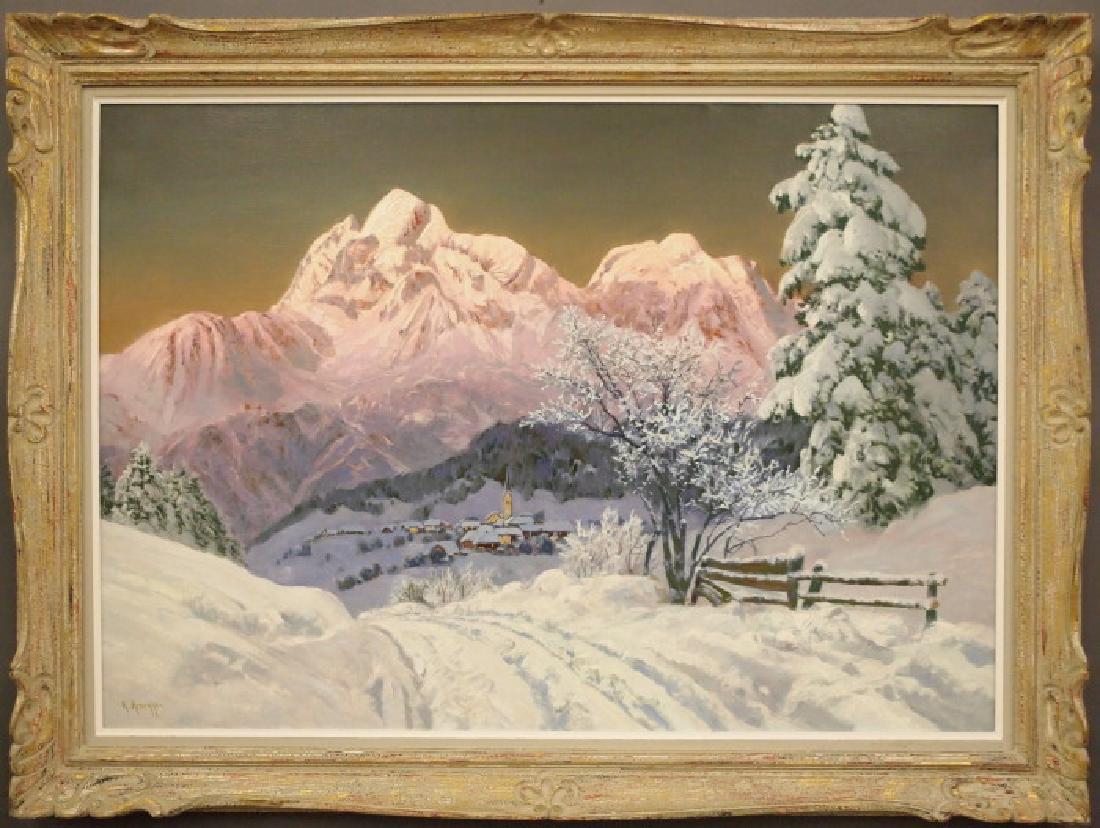 Arnegger Winter Mountain Landscape: Alois Arnegger, Austrian, 1879-1967. Oil on canvas entitled "Alp Glow", depicting a snow-covered setting with village at twilight. Signed "A. Arnegger" lower left, a W. T. Burger & Co. label on the re
