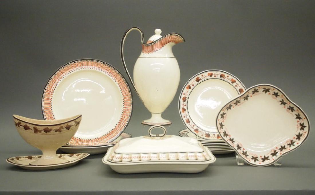 17 pcs Wedgwood Etruscan & other Creamware: A group of late 18th century Wedgwood Creamware. Or Queen's Ware, including, in the "Etruscan" pattern, 2 dinner plates, 2 rim soup bowls, and 1 coffee pot, all are impressed "Wedgwood." The coffee po
