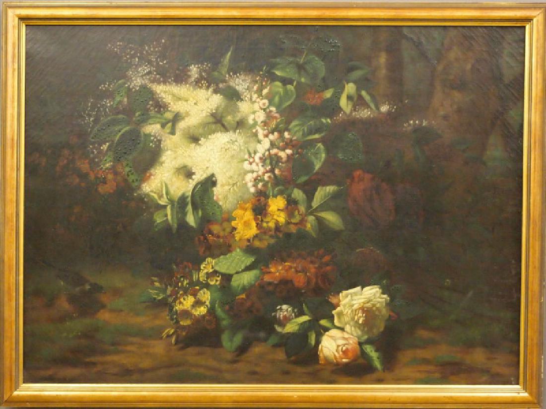 19th c Floral painting: A 19th century oil on canvas. Depicting a floral display in a forest setting with curious bird. Illegibly signed lower right, possibly "Jenkins." Craquelure overall; older varnish and some surface gru