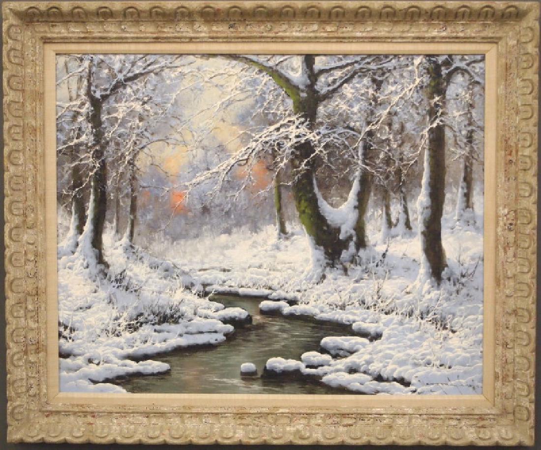Neogrady Winter Stream: Laszlo Neogrady, Hungarian, 1896-1962. Oil on canvas depicting a snow-covered forest setting with stream at twilight. Signed "Neogrady Laszlo" lower right. Good condition. Image 30 x 24", in a decorat