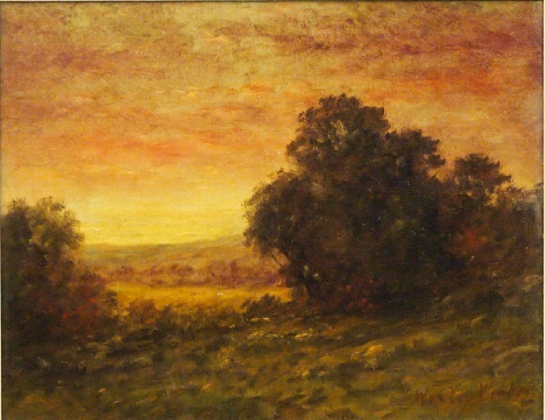 Wesley Webber Landscape: Wesley Webber, American, 1839-1914. Oil on canvas depicting a field flanked by clusters of trees at sunset. Signed "Wesley Webber" lower right, and "Webber 1880" on the reverse. Minor surface grunge; 