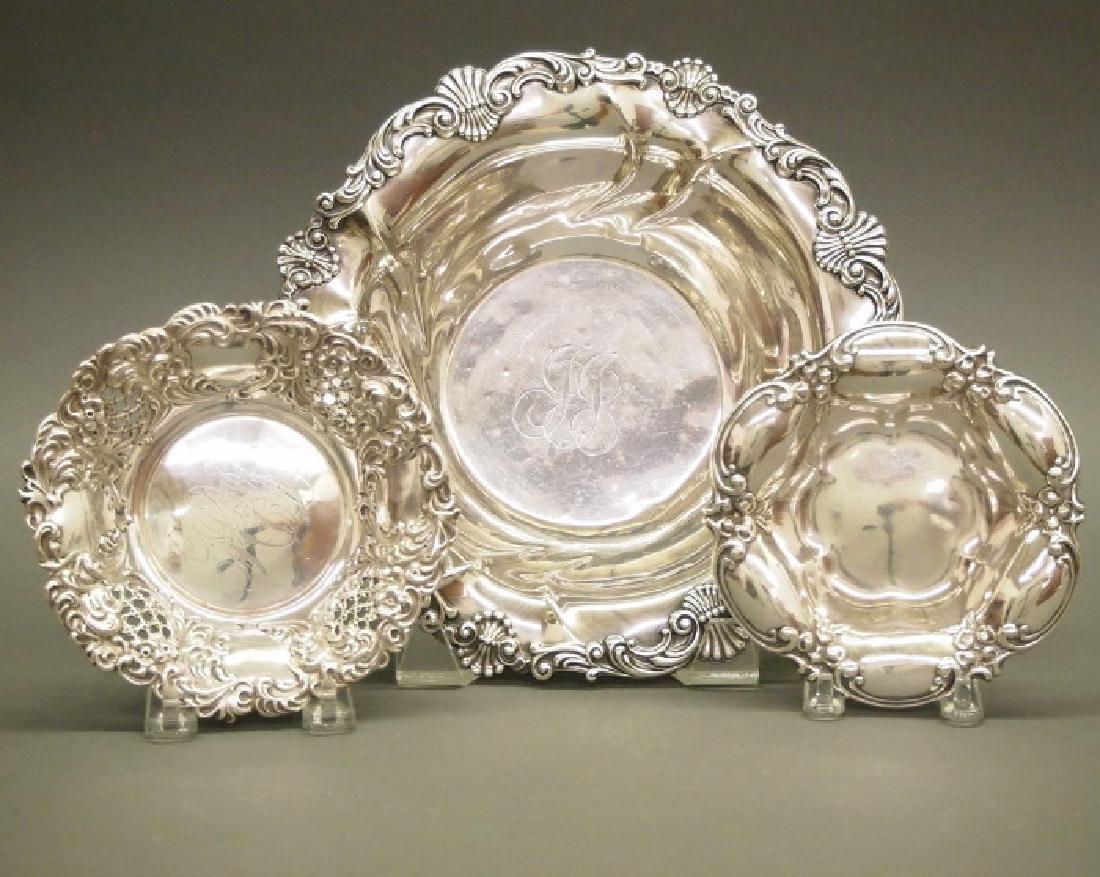3 Sterling bowls: Three early 20th century American sterling silver bowls. Including 1 by Gorham, monogrammed, number A2227 and date code indicating 1902; 1 Roger Williams Silver Co., number 918X, and 1 J. F. Fradley &