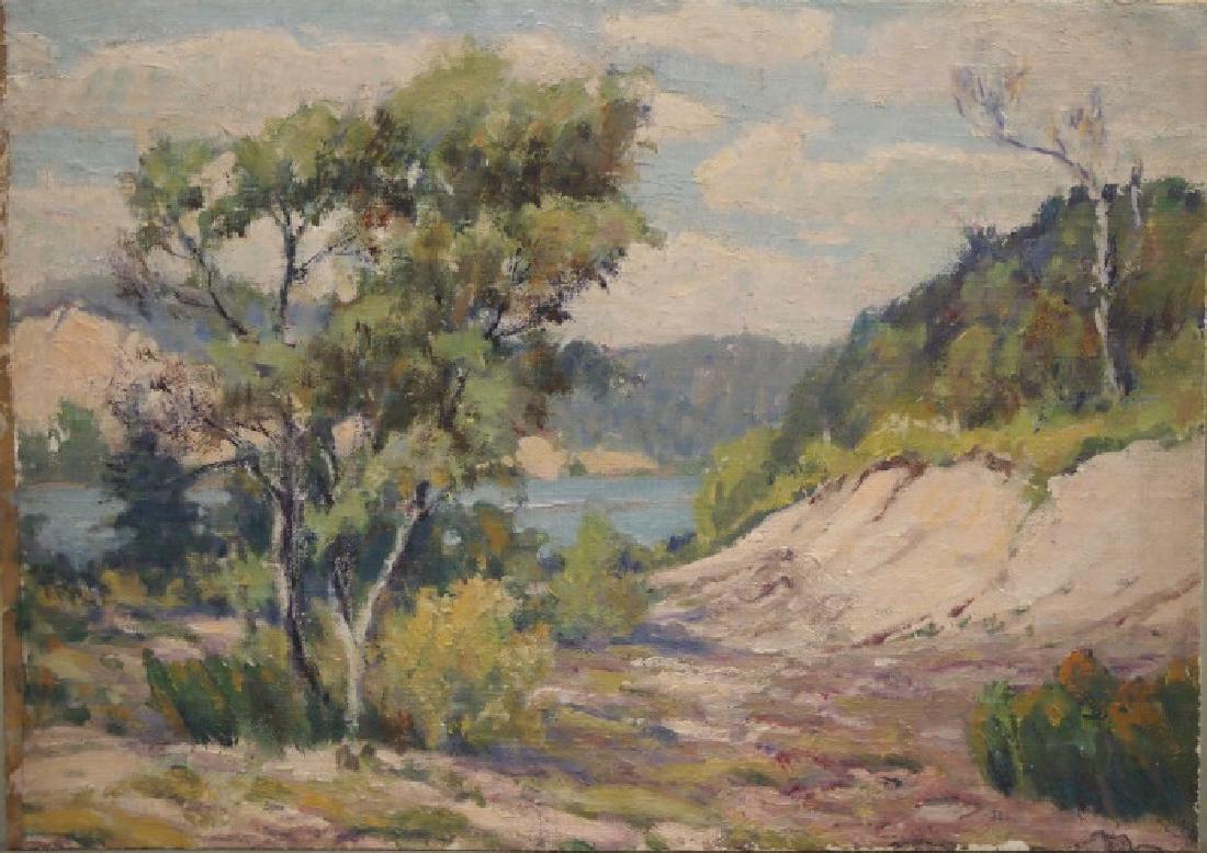 Attrib. Frank Dudley landscape: Attributed to Frank Virgil Dudley, American, 1868-1957. Oil on canvas mounted on cardboard depicting an early summer setting with trees and dune in the foreground, and a bright blue lake in the distan