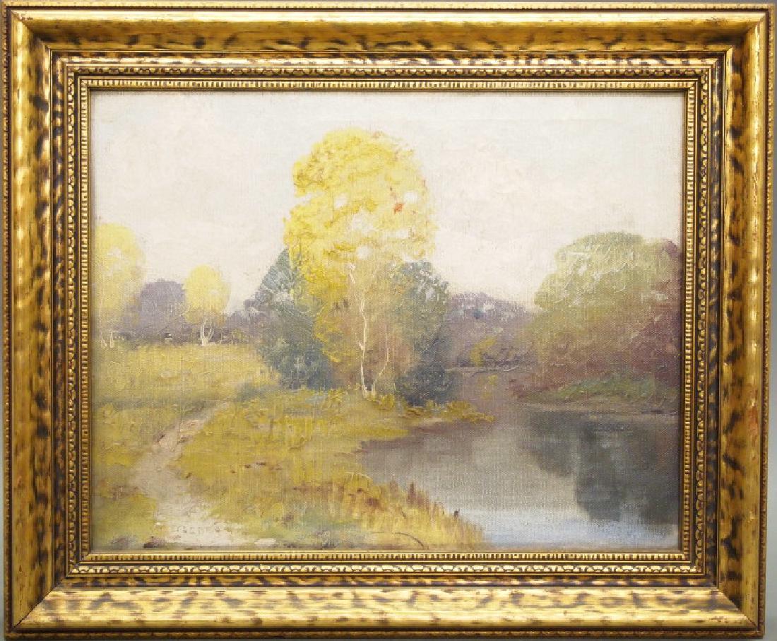 Ernest Fredericks landscape: Ernest T. Fredericks, American, 1877-1959. Oil on canvas depicting a spring setting with a pond and path in the foreground, likely a view at Camp Bemis located near La Grange, Illinois. Signed "Ernest