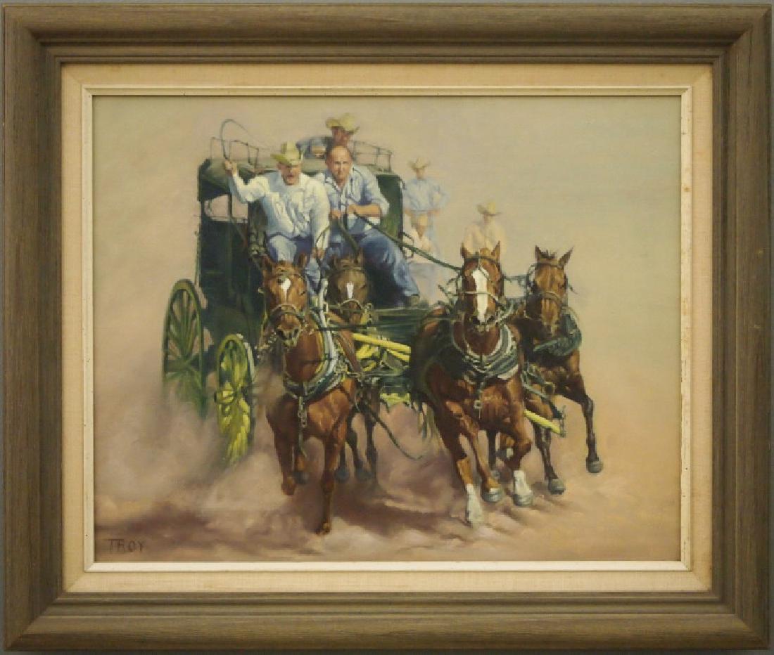 Tom Troy oil painting: Tom Troy, Canadian, 20th century. Oil on canvas depicting a stagecoach with drivers pulled by four horses, dust swirling about their hooves. Signed "Troy" lower left. Good condition. Image 20 x 16", i