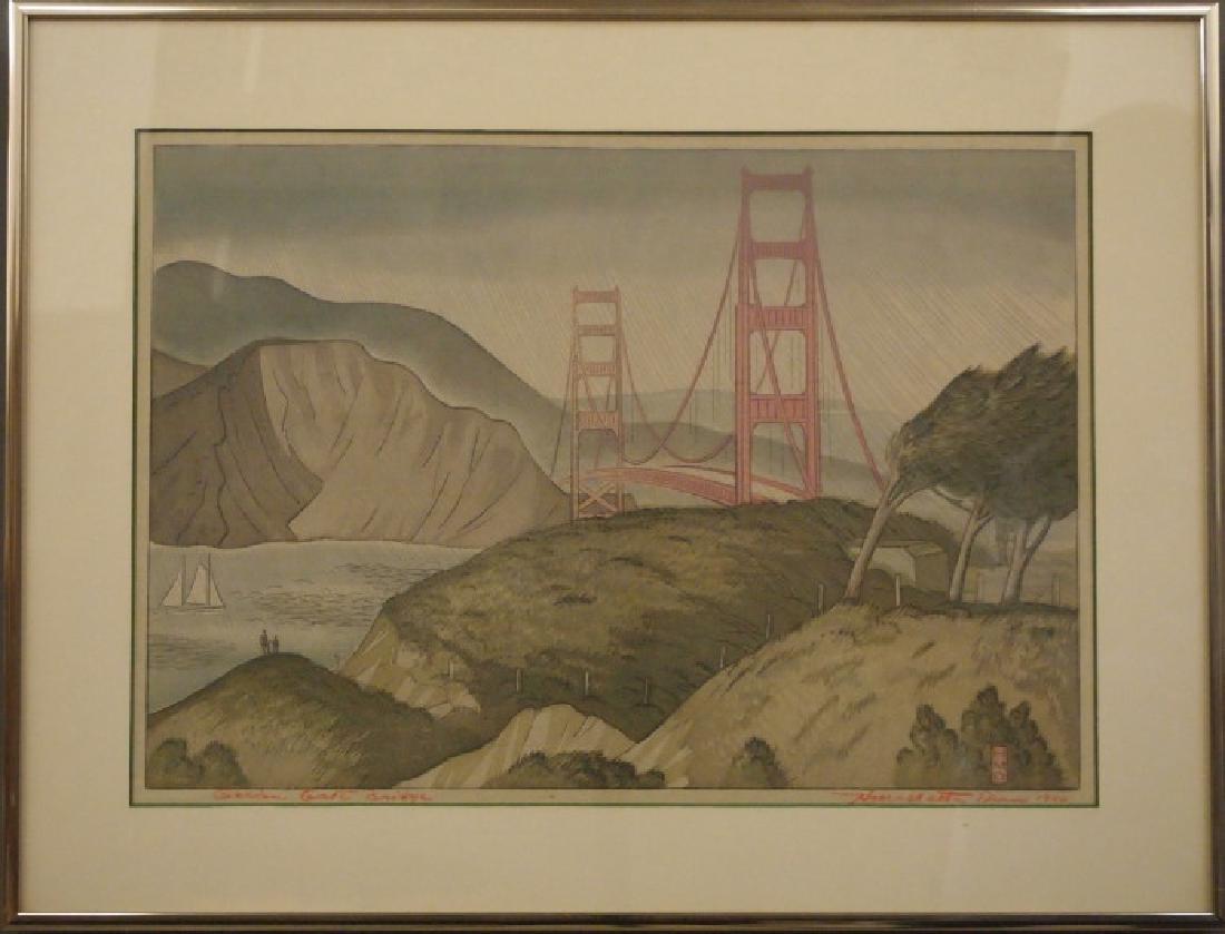 Harold Dean Woodcut: Harold Malette Dean, American, 1907-1975. Woodcut in colors entitled "Golden Gate Bridge", depicting the San Francisco monument on a gray, windy day. Monogrammed "HMD" in the lower right corner of the