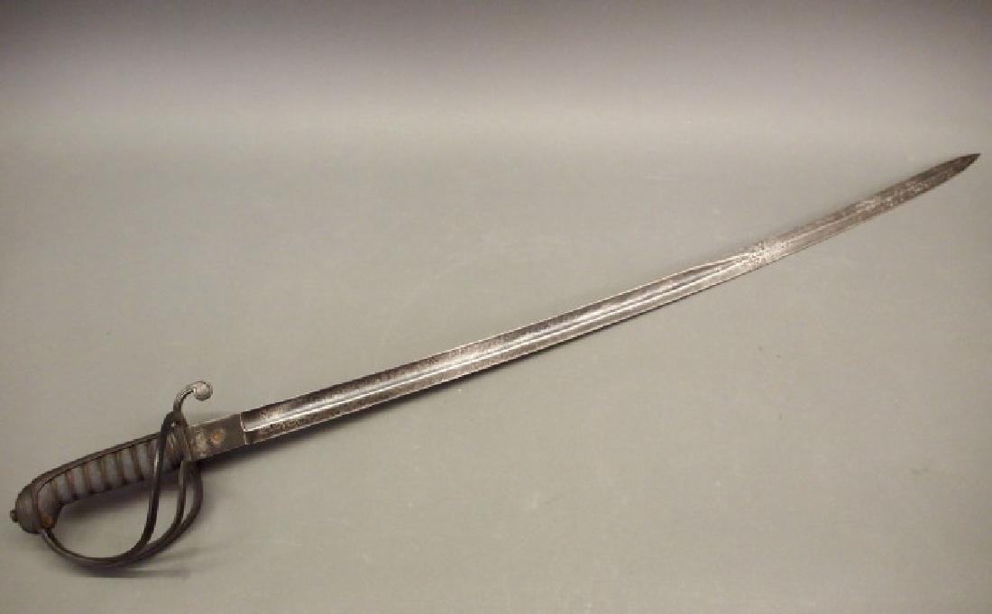S. Isaac Campbell Civil War era saber: A Civil War era Saber by S. Isaac Campbell & Co., London. Probably 1821 pattern. Etched blade, the ricasso is marked “S. Isaac Campbell & Co. 71 Jermyn St., London", and stamped "PROVED" within a ci