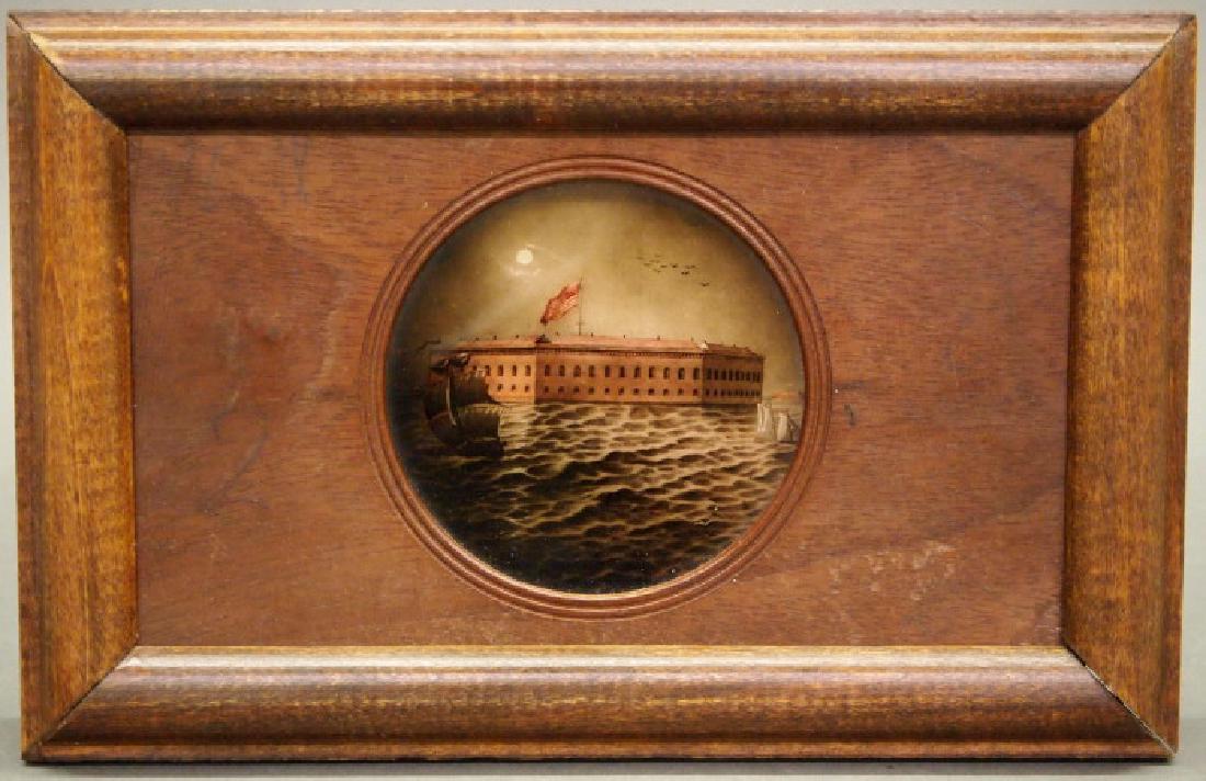 Fort Sumter/Civil War Magic Lantern slide: A 19th century Magic Lantern slide. Hand-colored depiction of the bombardment of Fort Sumter, fitted in a walnut frame, within a contemporary wood frame. Good condition. Frame 8 x 5 1/4" high overall.