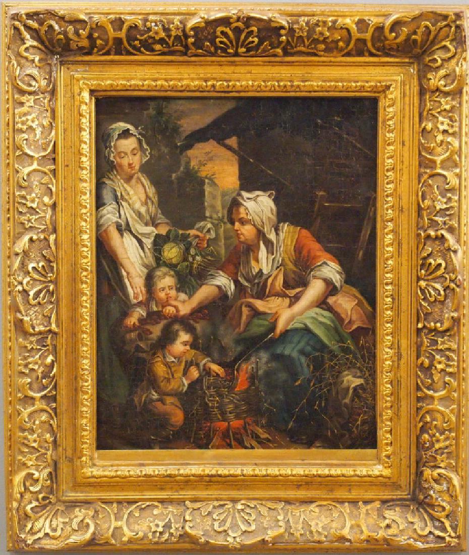 English oil painting: An English oil on canvas mounted on board. Genre scene entitled "Roasting Chestnuts." Unsigned, in the manner of George Morland. Significant craquelure overall, heavily varnished. Image 14 x 16 3/4",