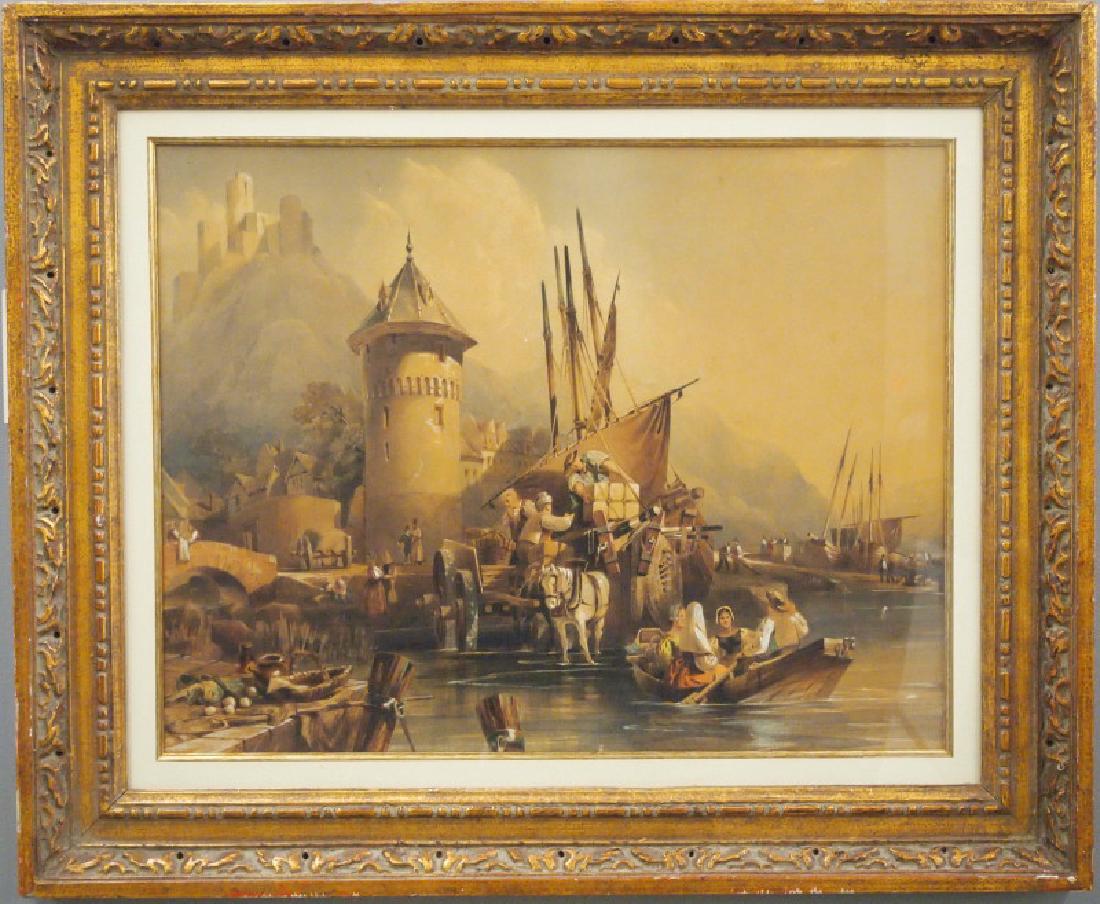 After Thomas Barker watercolor: After Thomas Barker of Bath. Watercolor depicting a bustling port. Unsigned. Minor surface grunge and toning, various light nicks/scrapes, some foxing. Image 26 x 20 1/4", under glass and framed, 35 3