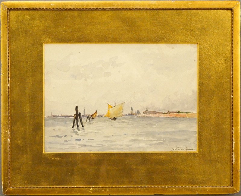 Dutch watercolor: Attributed to Carel Nicolaas Storm Van's Gravensande, Dutch, 1841-1924. Watercolor on paper depicting a seascape. Bears the signature "Storm Van Gravensande" lower right. Good condition. Image 13 1/2 