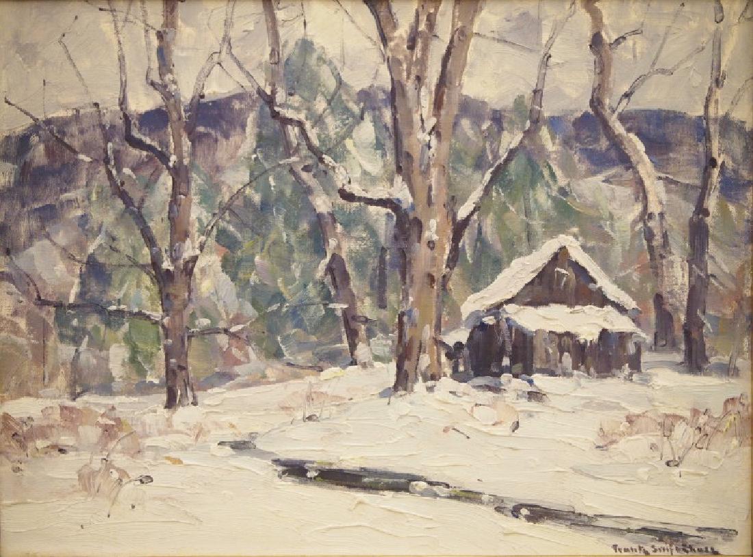 Frank S. Chase Winter Landscape: Frank Swift Chase, American, 1886-1958. Oil on board depicting a winter setting with bare trees and rustic dwelling. Signed "Frank Swift Chase" lower right, noted "June 26" in pencil on the frame. Goo