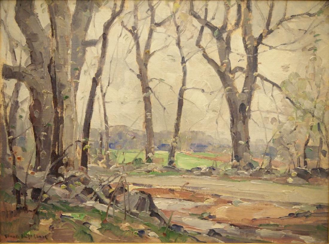Frank S. Chase Early Spring Landscape: Frank Swift Chase, American, 1886-1958. Oil on artist board depicting an early spring setting with sparse trees lining a dirt road, with a bright green pasture in the distance. Signed "Frank Swift Cha