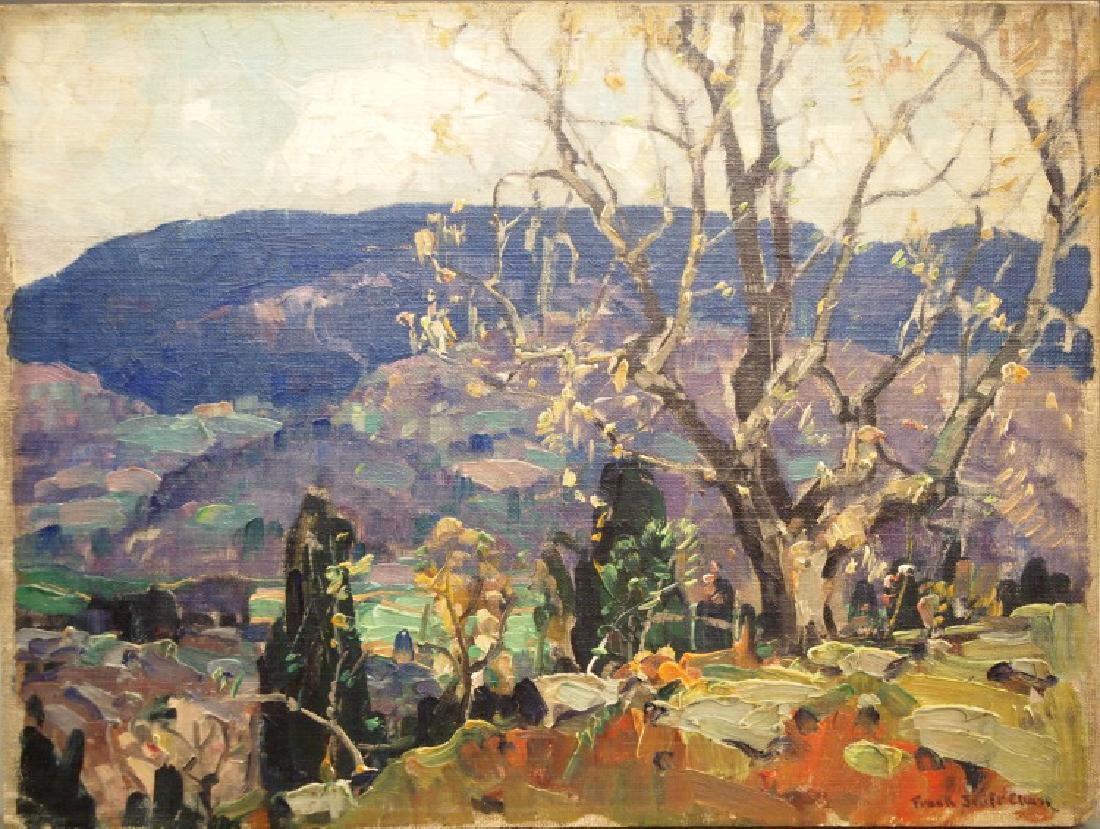 Frank S. Chase Landscape: Frank Swift Chase, American, 1886-1958. Oil on canvas mounted on board depicting a large, sparse tree in the fore, and mountains in the distance, likely the Catskills of Woodstock, and mostly rendered