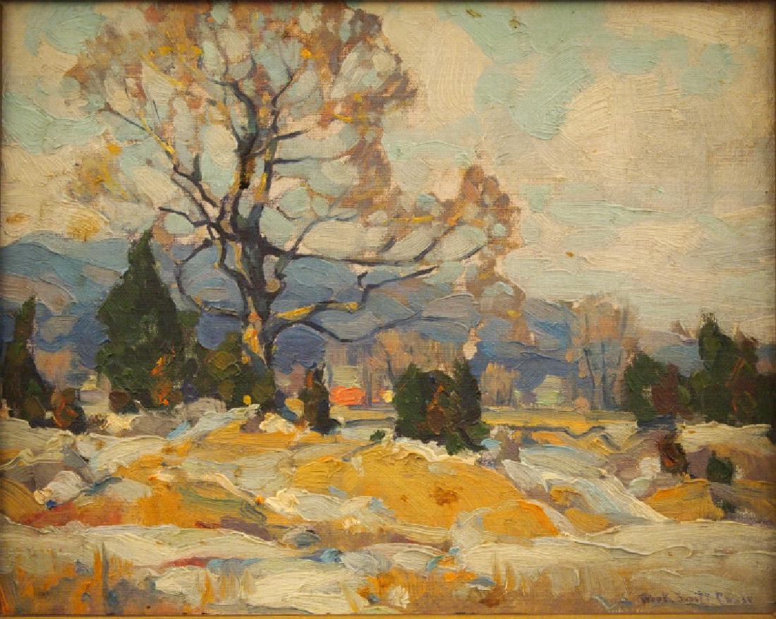 Frank S. Chase Early Spring Landscape: Frank Swift Chase, American, 1886-1958. Oil on board depicting an early spring landscape with a large tree at the center, melting snow in the foreground, dwellings and mountains in the distance, likel