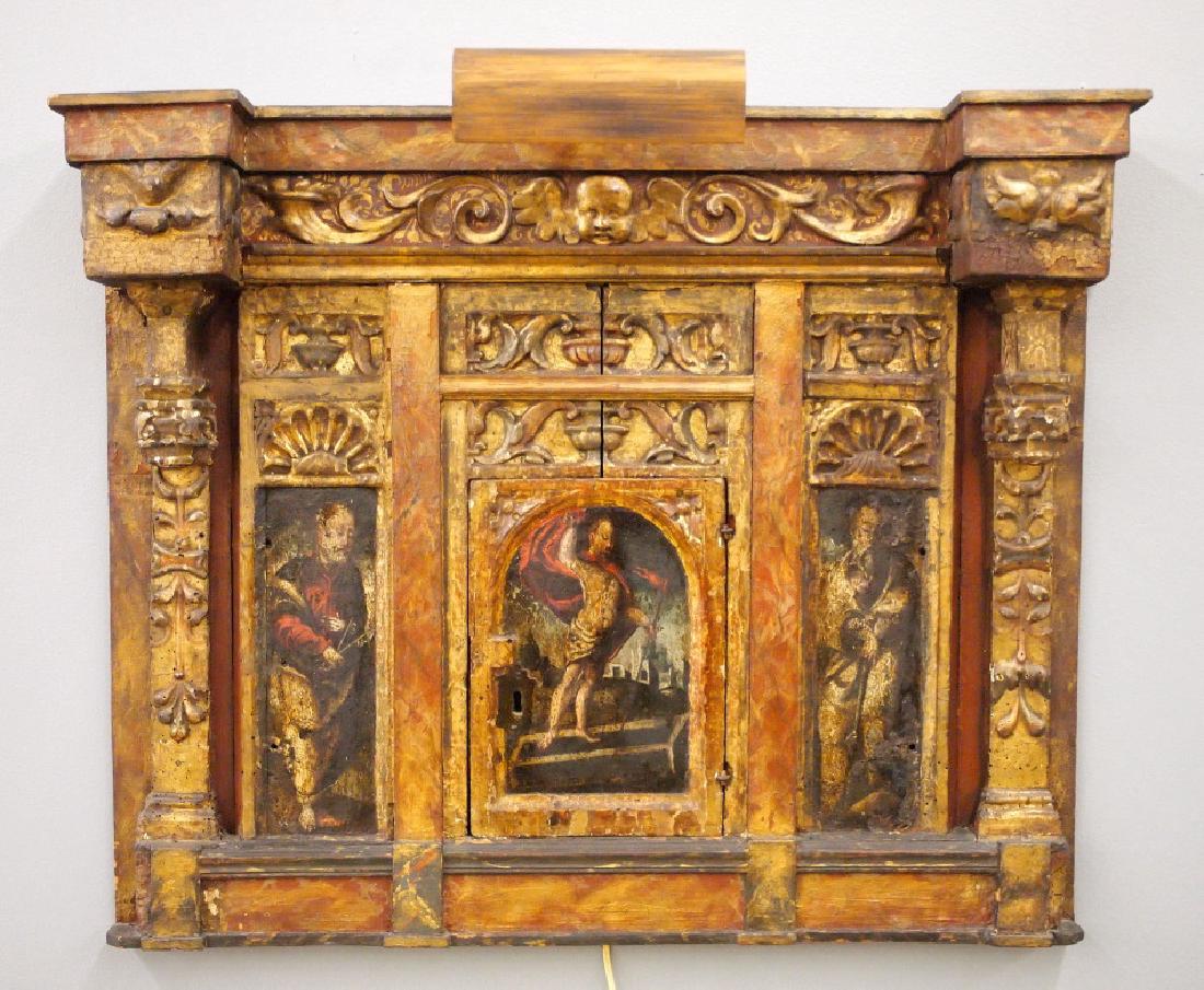 17th century Italian Communion cabinet façade: A 17th century Italian Communion cabinet facade. Retain much of the original polychrome painted finish with Saints portraits and Gilded detail. Stepped cornice with foliate carved frieze and a single 