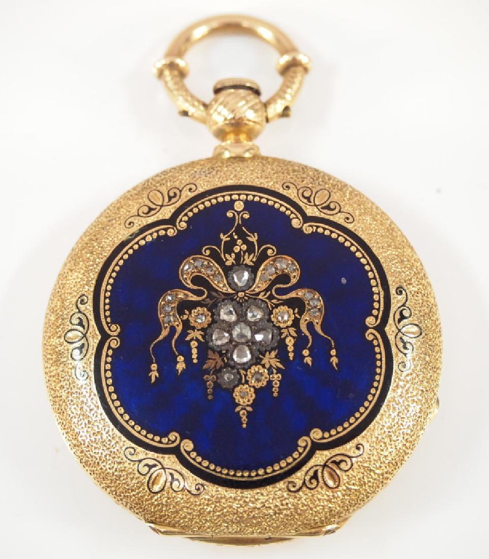 Humbert 18k enameled gold pocket watch with diamonds