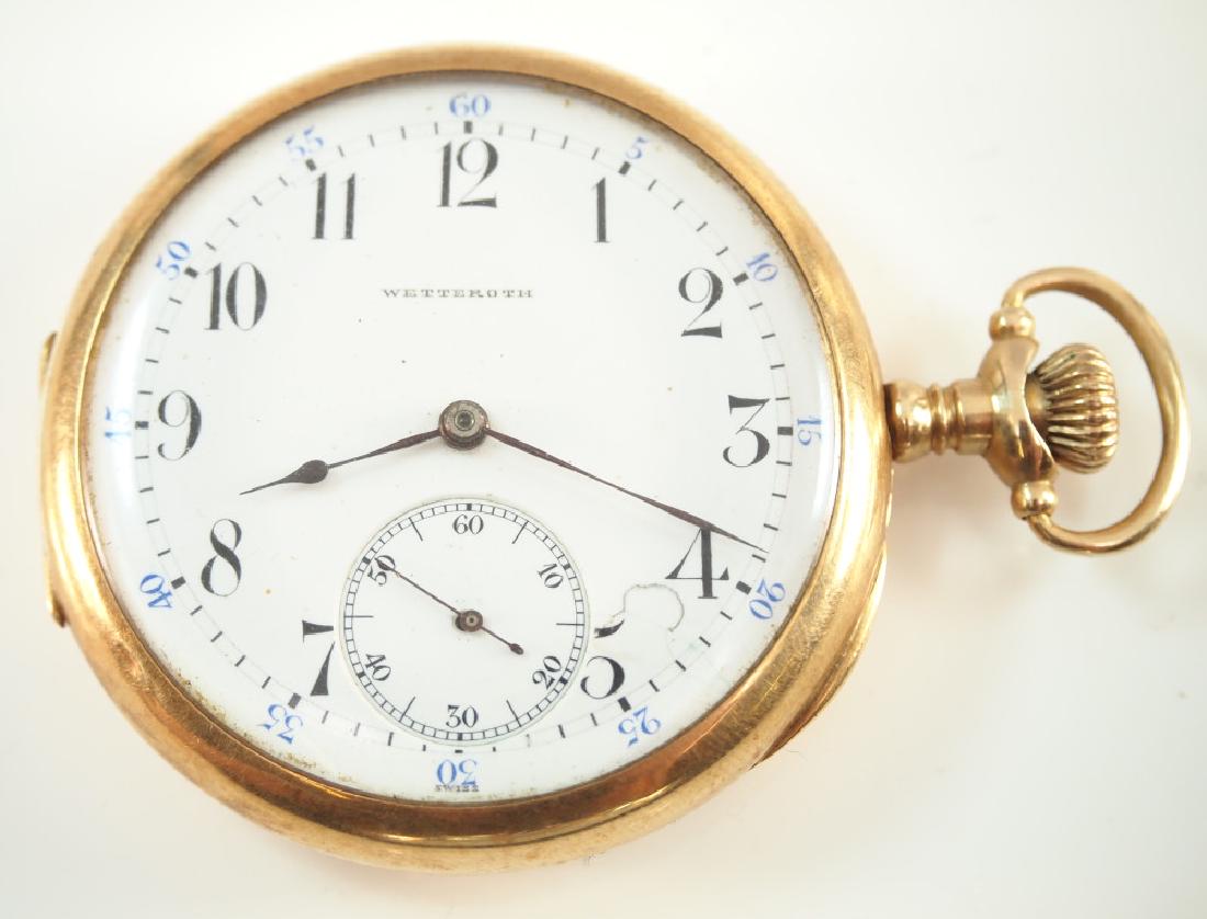 Vacheron & Constantin 14 k Gold pocket watch: A Swiss Vacheron & Constantin 14 k Gold pocket watch made for "Aug. Wetteroth, St. Joseph". 48 mm, swing out bridge movement, SW, LS, 14 k Gold, OF, SSD with Arabic numerals. Serial #287337. 73.1 gram