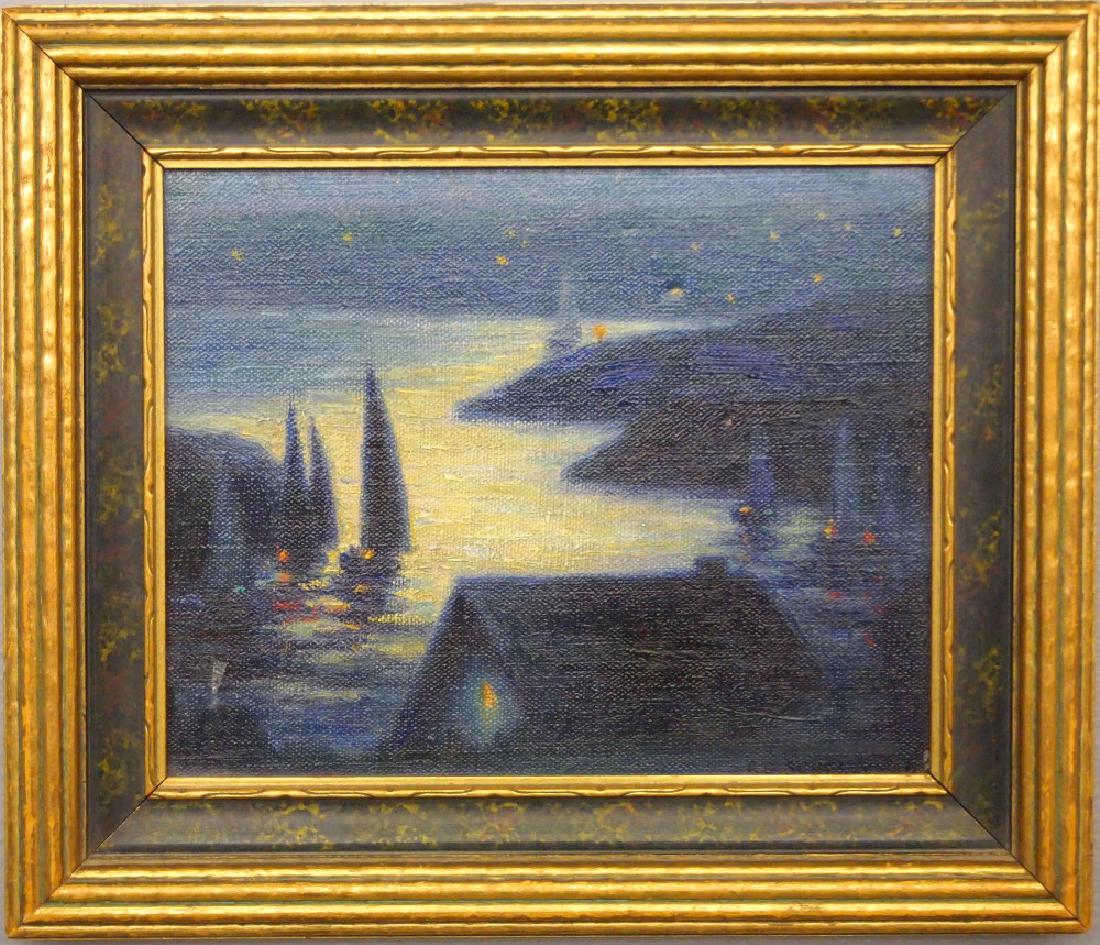 A G Scheele landscape: Arnold G Scheele, American, 1886-1973. Oil on artist's board landscape entitled "Moonlight - Kelley's Island" depicts sailboats in a moonlit harbor. Signed lower right "A G Scheele". Slight surface ab