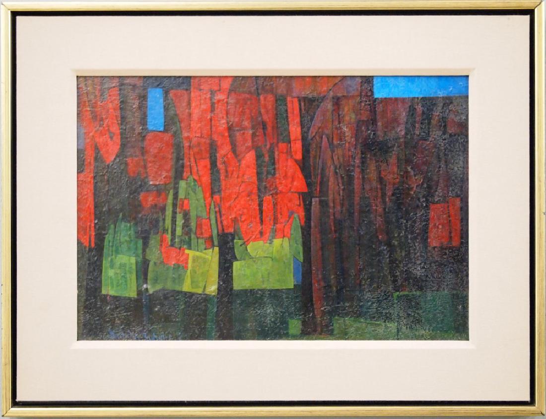 N Buhalis abstract landscape: Nicholas Buhalis, Detroit, 1929-1994. Former CCS Director and instructor. Oil on masonite abstract landscape entitled "View of River Rouge at Dusk". Signed lower left "Nicholas Buhalis, '57". No damag