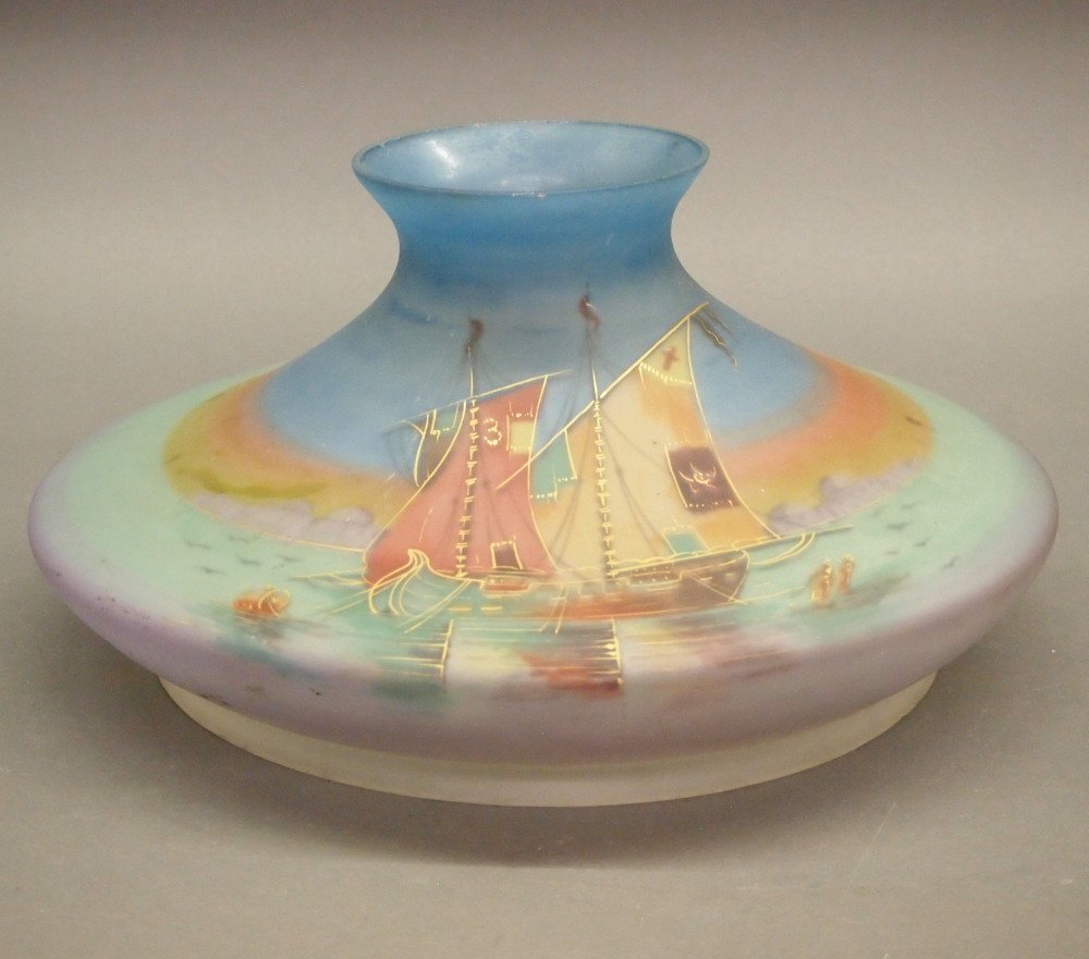 Painted Glass Tam o'Shanter Shade: A Painted Glass Tam o'Shanter Shade. Decorated at the interior with boats along the harbor of Istanbul. Unsigned. Minor chips to the fitter. 12 3/4" diameter, 9 7/8" fitter. ESTIMATE $50-100