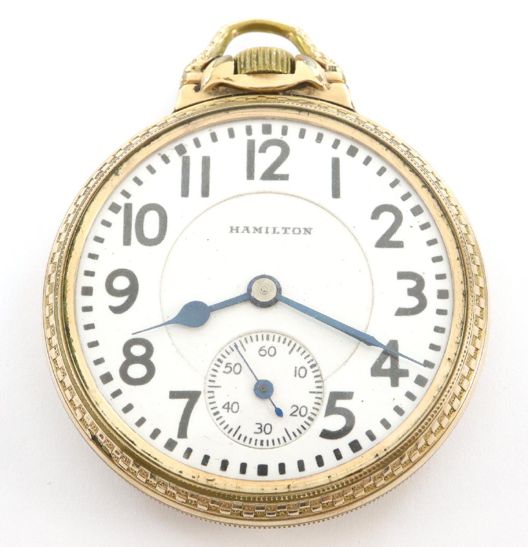 Hamilton 992 Railroad watch: Hamilton 992 Railroad watch. 16 size, 21 j, Adj 5 pos, DR, DMK, GJS, SW, LS, Hamilton "Railroad Model" GF, OF, DSD w/Arabic numerals. Serial #2495194. Some case wear. Winds, sets and running when cata