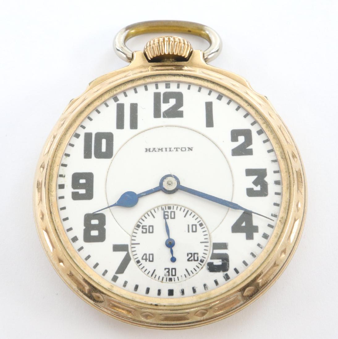 Hamilton 992 Railroad watch: Hamilton 992 Railroad watch. 16 size, 21 j, Adj 5 pos, DR, DMK, GJS, SW, LS, Hamilton "Railroad Model" GF, OF, DSD w/Arabic numerals. Serial #2534782. Some case wear. Winds, sets and running when cata