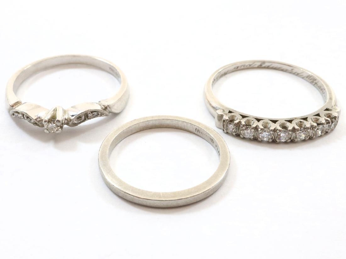 3 Art Deco Era Wedding Bands: Three Art Deco Era Wedding Bands. Including 2 with single and full cut diamonds, one of which is engraved, and 1 plain band; all with Platinum markings. Minor wear to each. Sizes range from 4 1/2 to 8