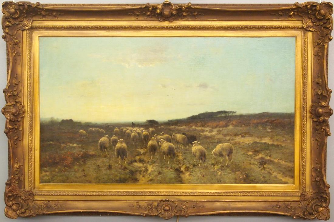 C Westerbeek landscape with Sheep: Cornelis Westerbeek, Dutch, 1844-1903. Oil on canvas landscape with a shepherd and his flock of sheep. Signed lower right "C. Westerbeek". Some surface grunge, light craquelure in areas, small area if