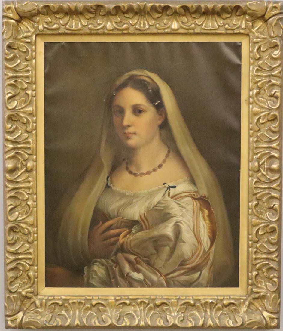 A Cherici, after Raphael: A. Cherici, Italian, n.d., after Raphael. An early 20th century oil on canvas portrait of a woman entitled “La Fornarina”. Signed and dated "A. Cherici, 1907" verso. Minor surface grunge, some abr