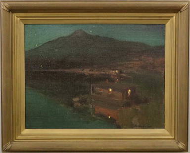 Charles Rollo Peters Landscape: Charles Rollo Peters, American, 1862-1928. Oil on canvas nocturne entitled "Lagoon Greenbrae" which depicts a houseboat in the foreground and mountains in the distance, Marin County, California. Signe