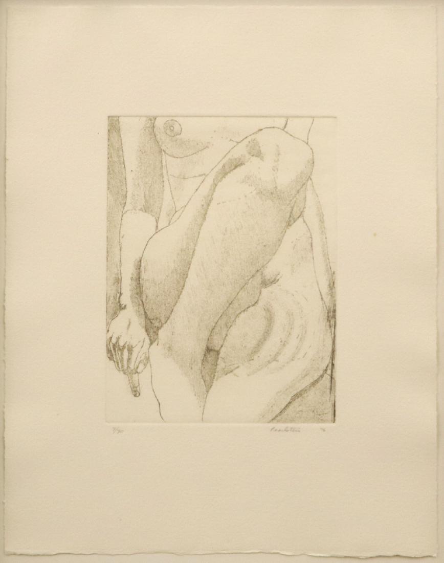 Philip Pearlstein Etching: Philip Pearlstein, American, b. 1924. Etching on paper of a Seated Nude. Numbered "7/30", signed, and dated "'76" in pencil along the lower margin. In a simple metal frame with Habatat Galleries, Dear