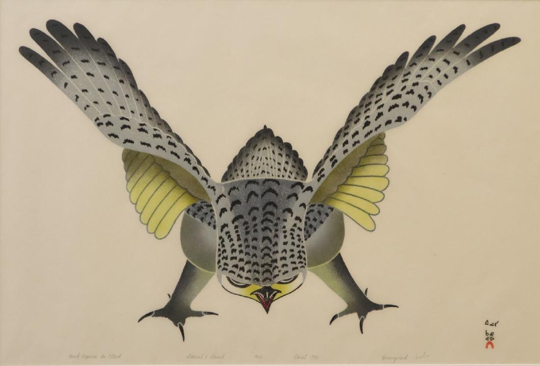 Kananginak Pootoogook Stonecut & Stencil: Kananginak Pootoogook, Canadian Inuit, b. 1935. Stonecut and stencil on paper entitled "Hawk Prepares For Attack", 16/50, Dorset 1992. Titled, medium given, numbered, dated, and signature in pencil al