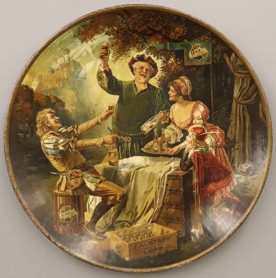 Lemp Brewing Co. Charger: A 1917 Lemp Brewing Co. Charger. Lithograph on tin entitled "Lady Pouring Sir John a Falstaff Beer". Some wear and minor paint loss. 24" diameter. ESTIMATE $200-400