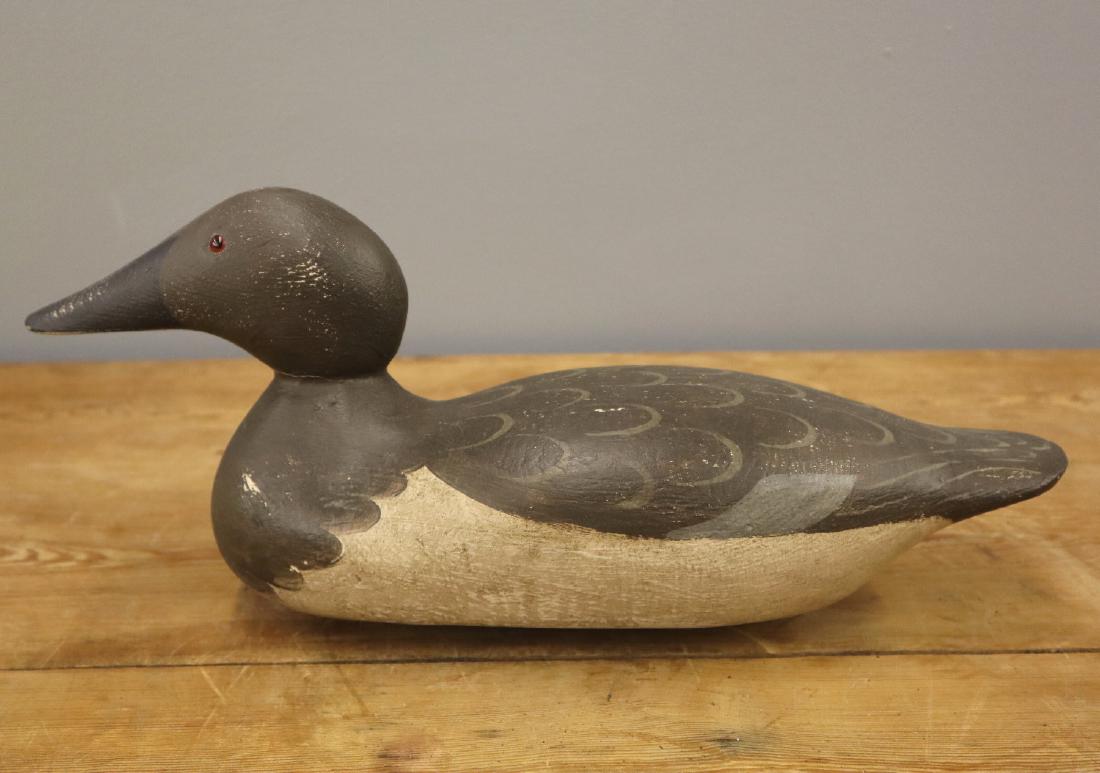 Mason Red Head Hen Decoy: A Mason Red Head Hen Decoy. Standard grade carved wood duck decoy with glass eyes. Incised owner's mark at the underside, possibly "CB". Replaced head, filler cracked half way around the neck, some sc