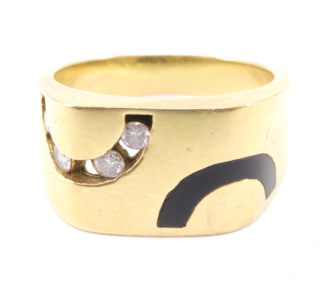 Contemporary Black Coral & Diamond Gentlemans Ring: A Black Coral & Diamond Gentleman's Ring. 18 kt yellow gold ring set with half moon shaped Black Coral inlay and diamonds; vvs1, H-I color, 0.20 cttw. Stamped gold marking and engraved maker's mark of