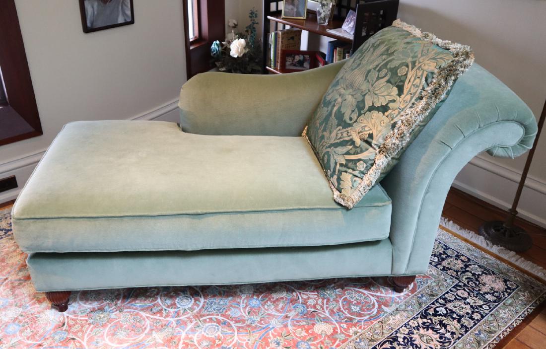 Baker Chaise Lounge: A Baker Milling Road Collection Chaise Lounge. Upholstered in a sage green colored fabric, includes a single pillow. Light wear. 66" x 32" h. ESTIMATE $300-500